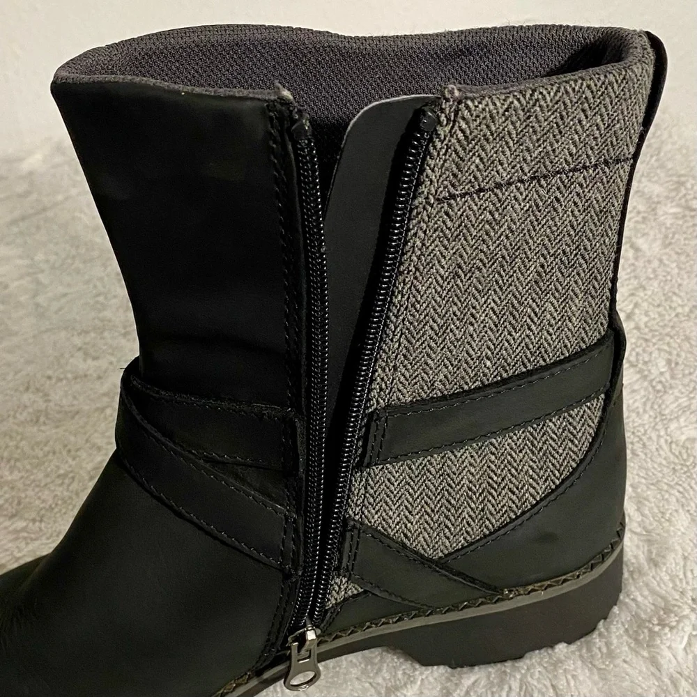Eddie Bauer Covey 2.0 Boots Women’s Size 8.5 Black Leather Gray Tweed Side Zip